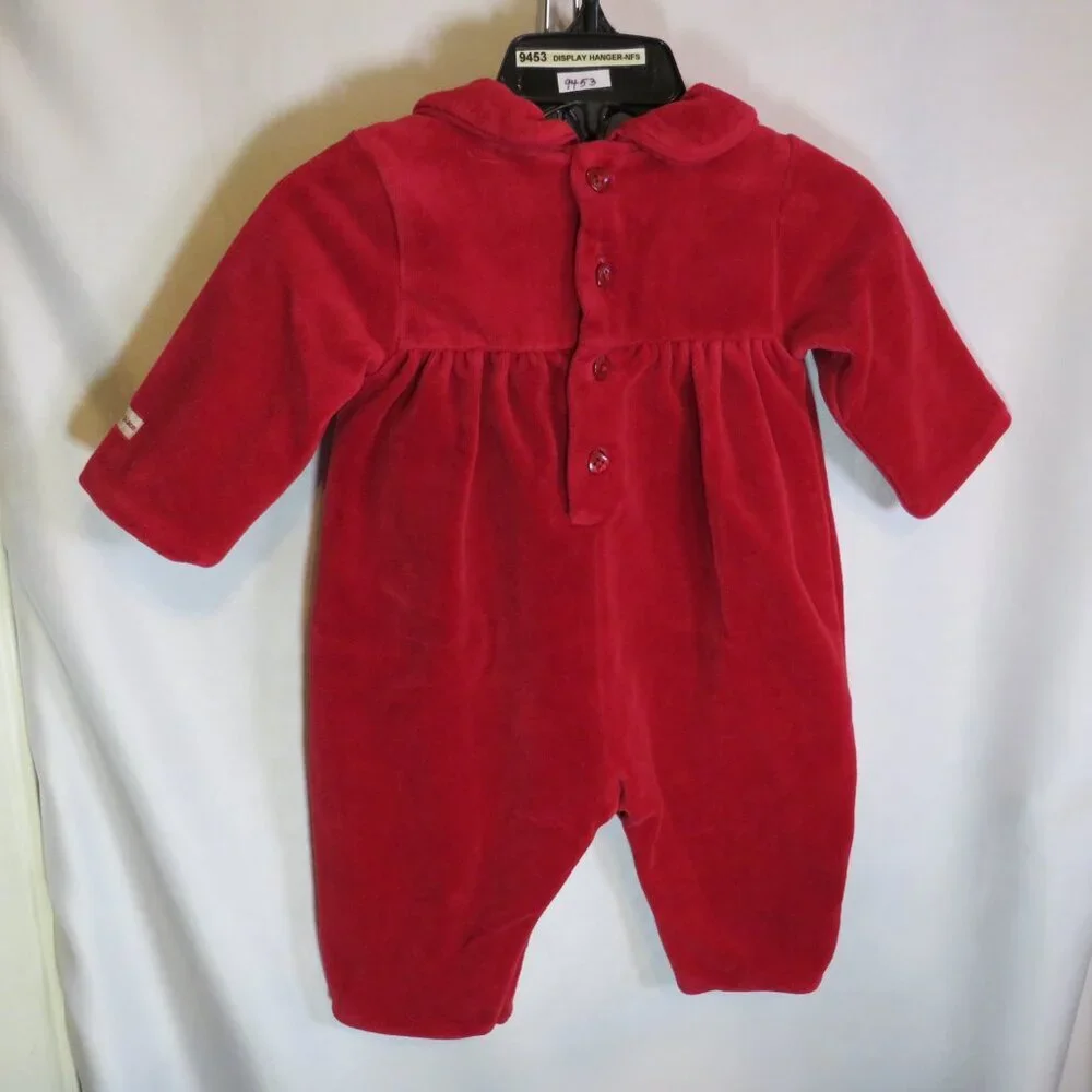 Baby Red Velour bodysuit w Roses embroidered on leg